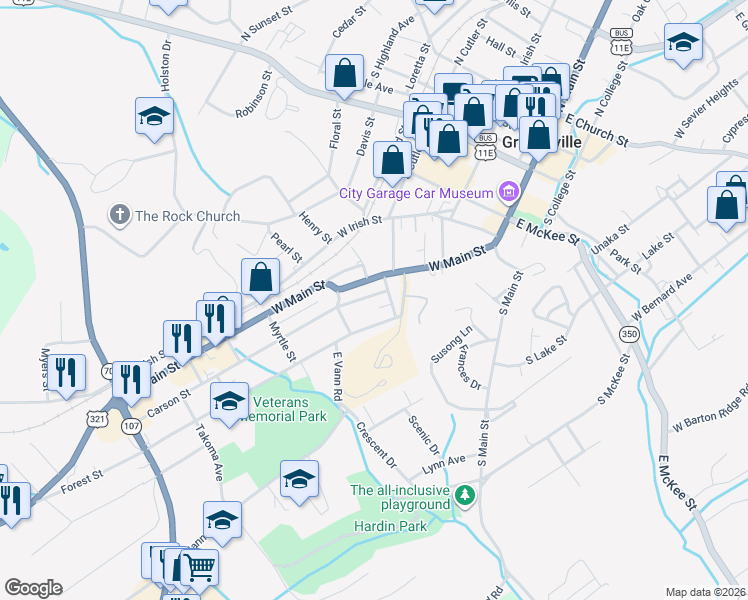 map of restaurants, bars, coffee shops, grocery stores, and more near 204 Aspen Street in Greeneville