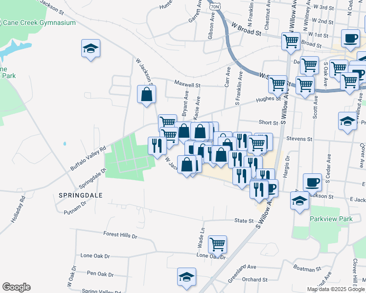 map of restaurants, bars, coffee shops, grocery stores, and more near 620 West Stevens Street in Cookeville