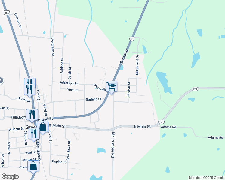 map of restaurants, bars, coffee shops, grocery stores, and more near 100-112 E Crestview Dr in Greenfield