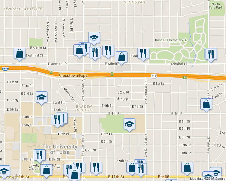 map of restaurants, bars, coffee shops, grocery stores, and more near 3710 East 2nd Place in Tulsa
