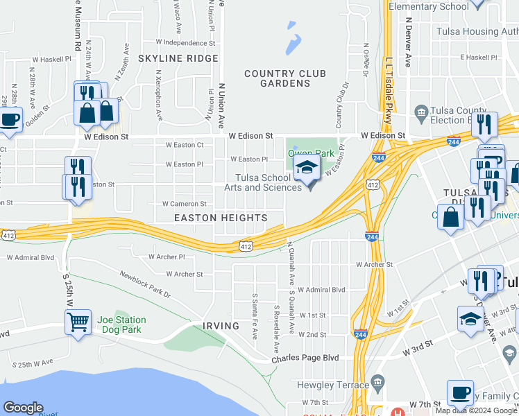 map of restaurants, bars, coffee shops, grocery stores, and more near 1410 West Cameron Street in Tulsa
