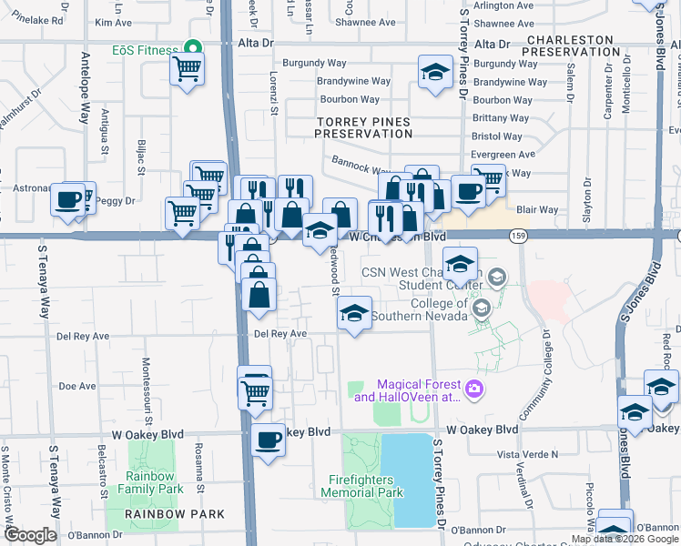map of restaurants, bars, coffee shops, grocery stores, and more near 2 Redwood Street in Las Vegas