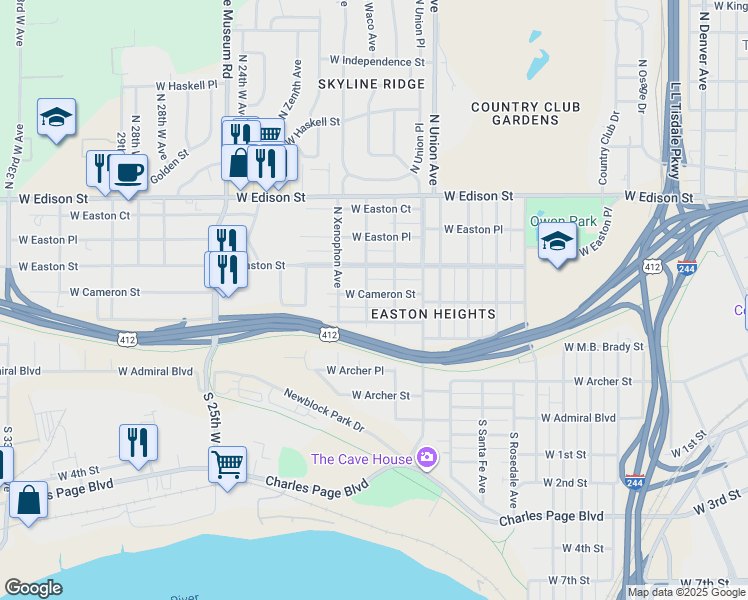 map of restaurants, bars, coffee shops, grocery stores, and more near 1820 West Cameron Street in Tulsa