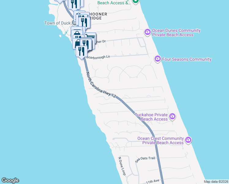 map of restaurants, bars, coffee shops, grocery stores, and more near Duck Road in Duck