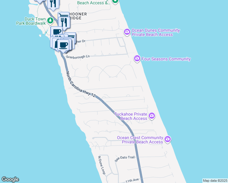 map of restaurants, bars, coffee shops, grocery stores, and more near 127 Plover Drive in Kitty Hawk