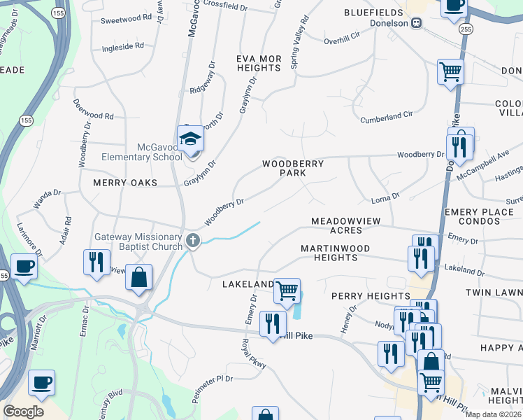 map of restaurants, bars, coffee shops, grocery stores, and more near 2621 Airwood Drive in Nashville