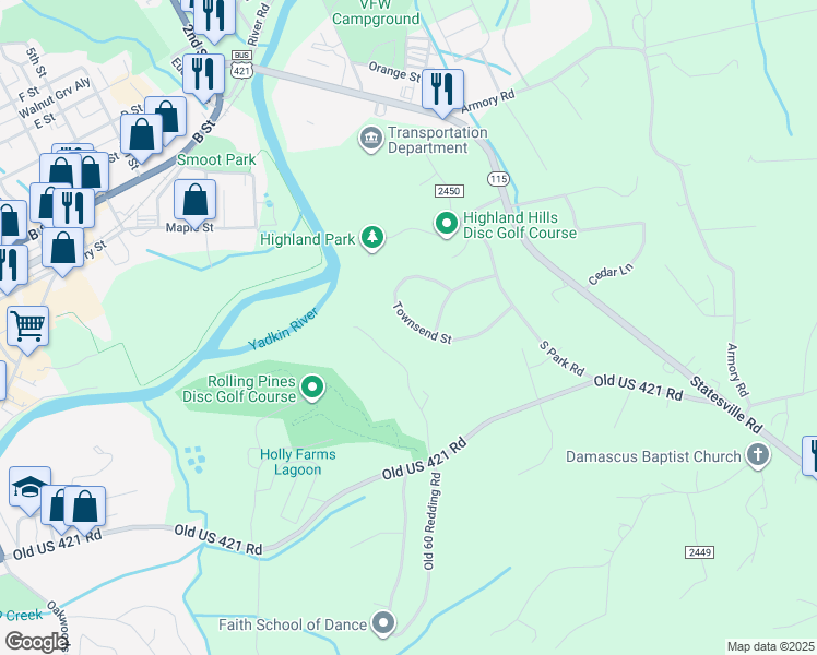map of restaurants, bars, coffee shops, grocery stores, and more near 101 Townsend St in North Wilkesboro
