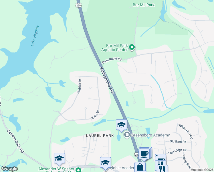 map of restaurants, bars, coffee shops, grocery stores, and more near 4087 Battleground Avenue in Greensboro