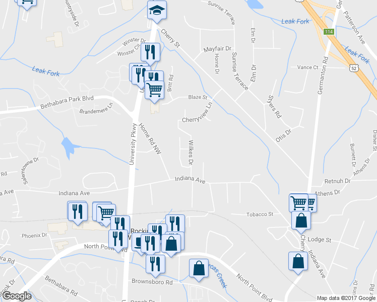 map of restaurants, bars, coffee shops, grocery stores, and more near 4950 Wilkes Drive in Winston-Salem