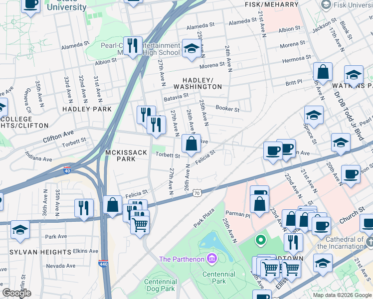map of restaurants, bars, coffee shops, grocery stores, and more near 602 26th Avenue North in Nashville
