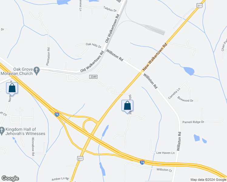 map of restaurants, bars, coffee shops, grocery stores, and more near 4438 New Walkertown Road in Winston-Salem