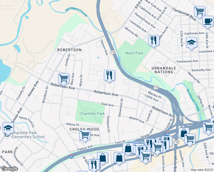 map of restaurants, bars, coffee shops, grocery stores, and more near 606 Vernon Avenue in Nashville