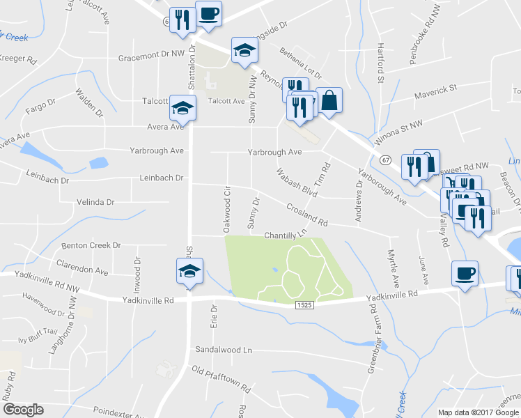 map of restaurants, bars, coffee shops, grocery stores, and more near 4565 Sunny Drive in Winston-Salem