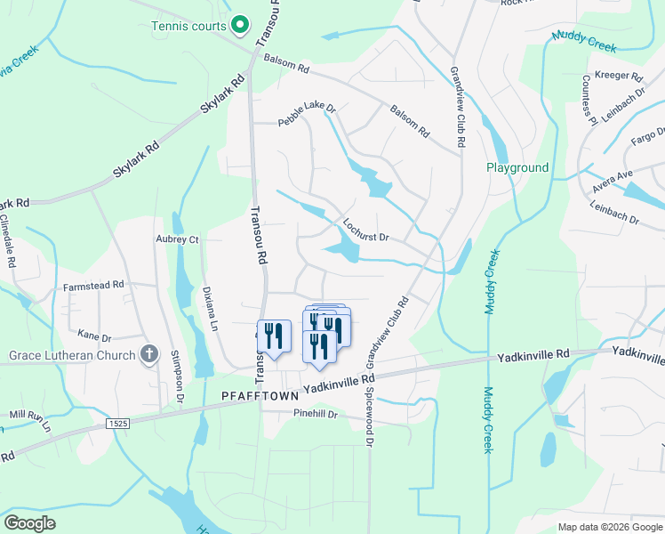 map of restaurants, bars, coffee shops, grocery stores, and more near 4567 Stimpson Ridge Drive in Pfafftown