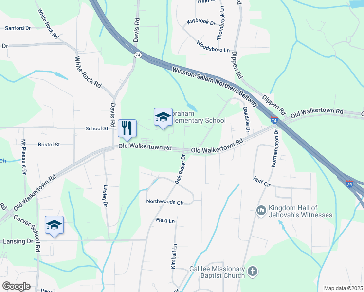 map of restaurants, bars, coffee shops, grocery stores, and more near 5050 Old Walkertown Road in Winston-Salem