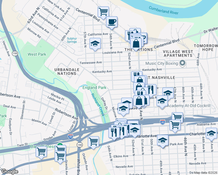 map of restaurants, bars, coffee shops, grocery stores, and more near 5812 Illinois Avenue in Nashville