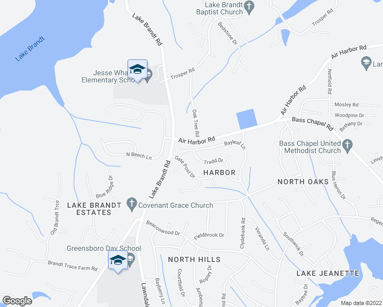 map of restaurants, bars, coffee shops, grocery stores, and more near 5606 Bayleaf Lane in Greensboro