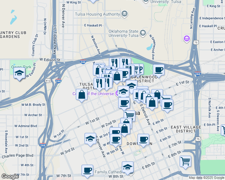 map of restaurants, bars, coffee shops, grocery stores, and more near 110 North Boston Avenue in Tulsa