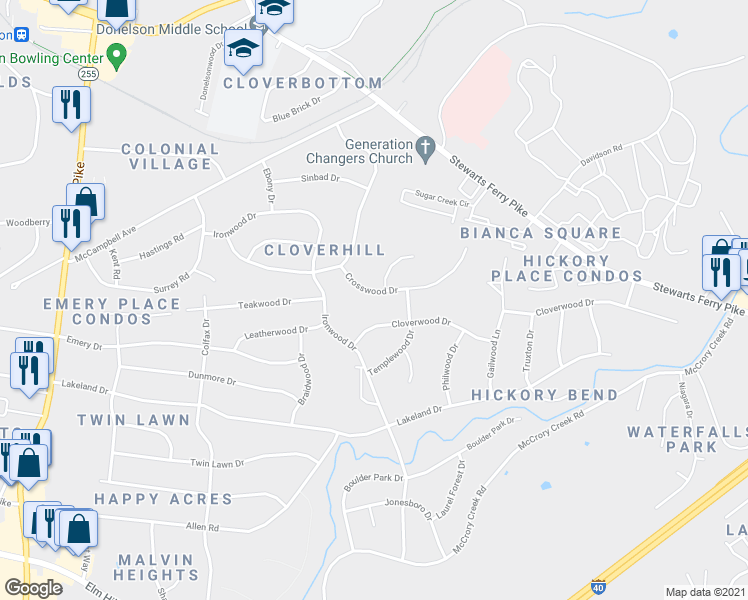 map of restaurants, bars, coffee shops, grocery stores, and more near 3115 Crosswood Drive in Nashville