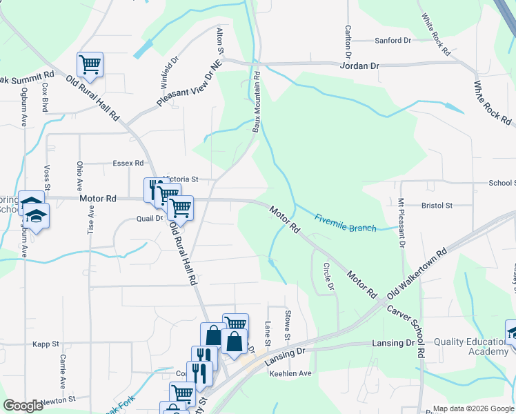 map of restaurants, bars, coffee shops, grocery stores, and more near 1328 Motor Road in Winston-Salem