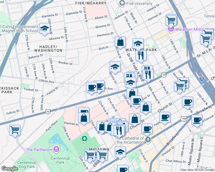 map of restaurants, bars, coffee shops, grocery stores, and more near 2010 Clifton Avenue in Nashville