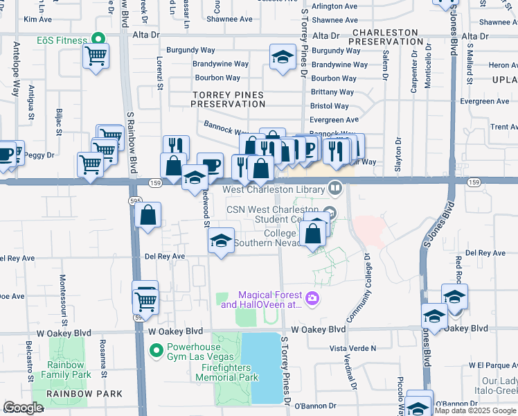 map of restaurants, bars, coffee shops, grocery stores, and more near 1151 S Torrey Pines Dr in Las Vegas