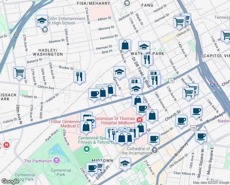map of restaurants, bars, coffee shops, grocery stores, and more near 2010 Clifton Avenue in Nashville