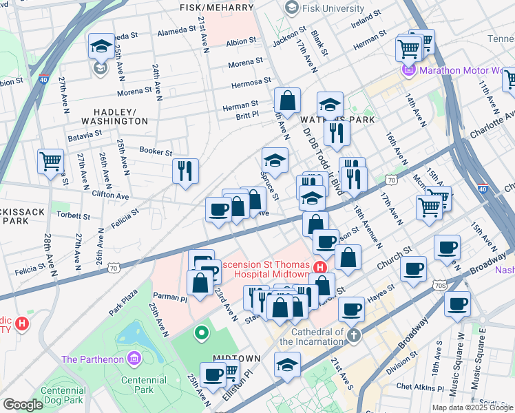map of restaurants, bars, coffee shops, grocery stores, and more near 2010 Clifton Avenue in Nashville