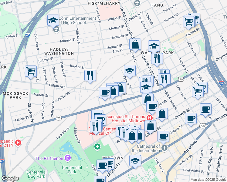 map of restaurants, bars, coffee shops, grocery stores, and more near 2105 Clifton Avenue in Nashville