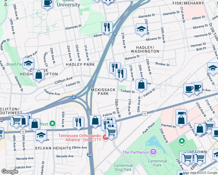 map of restaurants, bars, coffee shops, grocery stores, and more near 2814 Georgia Avenue in Nashville