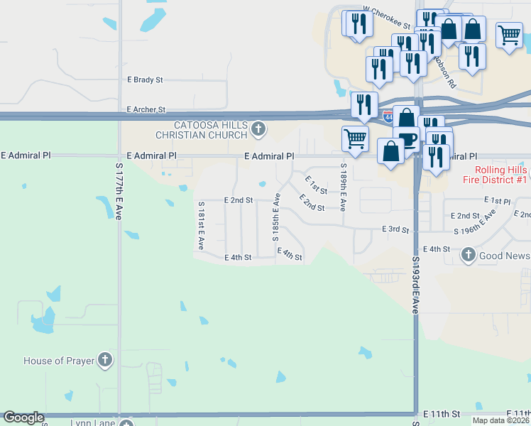 map of restaurants, bars, coffee shops, grocery stores, and more near 316 South 185th East Avenue in Tulsa