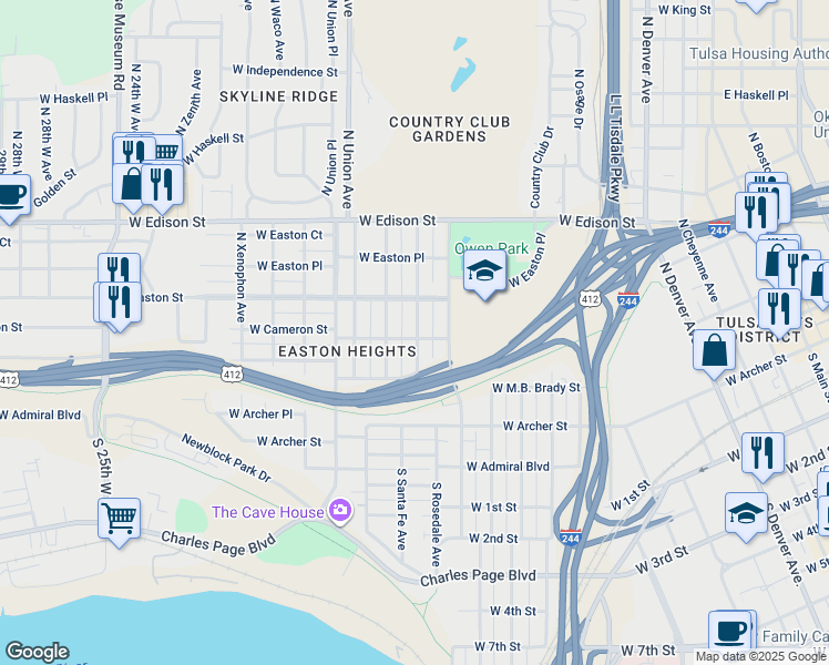 map of restaurants, bars, coffee shops, grocery stores, and more near 1410 West Cameron Street in Tulsa