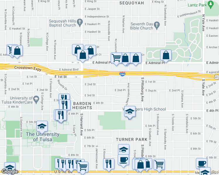map of restaurants, bars, coffee shops, grocery stores, and more near 3616 East 2nd Street in Tulsa