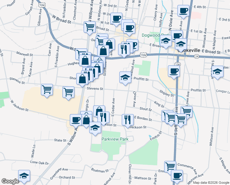 map of restaurants, bars, coffee shops, grocery stores, and more near 310 South Cedar Avenue in Cookeville