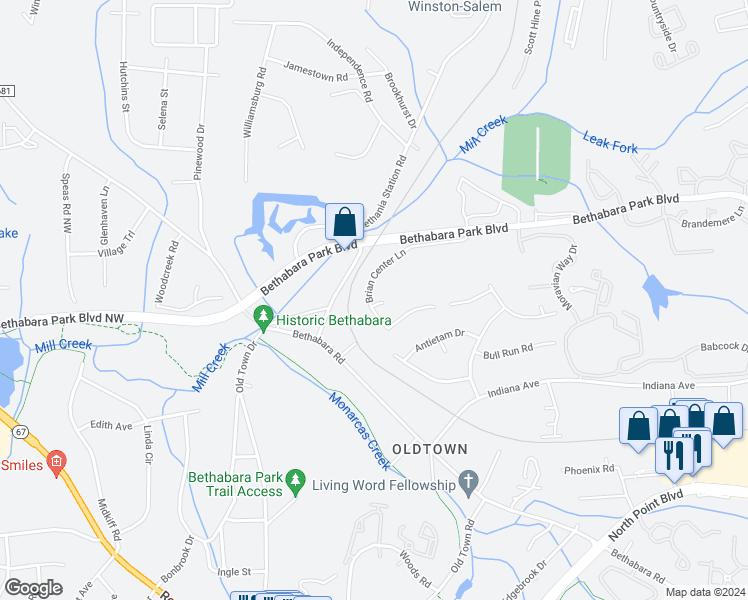 map of restaurants, bars, coffee shops, grocery stores, and more near 4993 Brian Center Lane in Winston-Salem