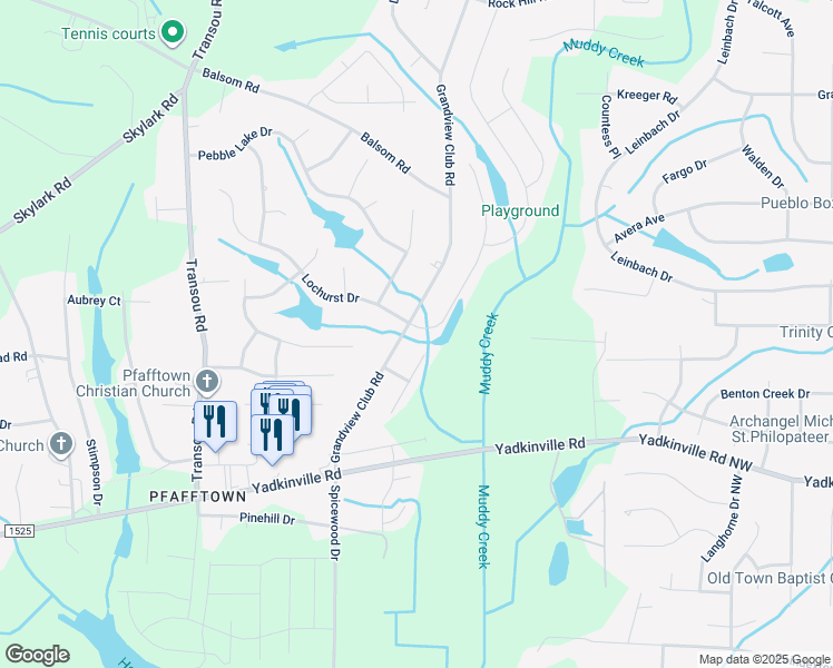 map of restaurants, bars, coffee shops, grocery stores, and more near 4398 Lochurst Drive in Pfafftown