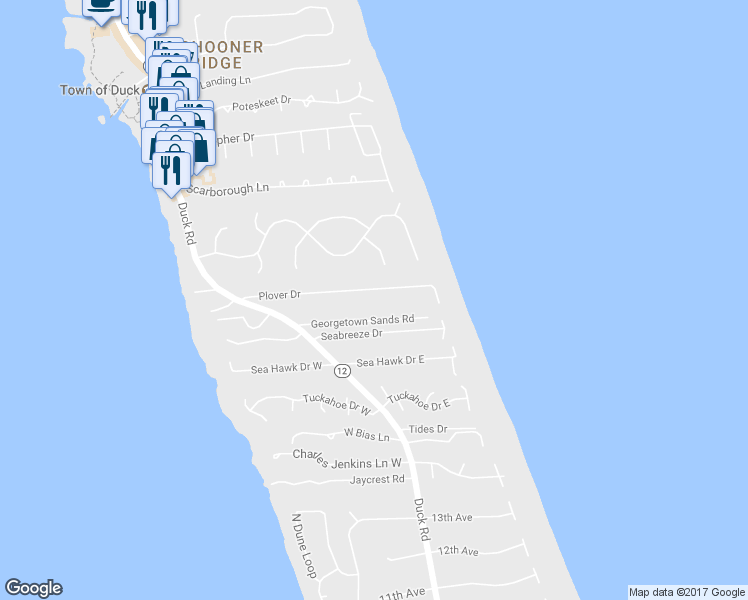 map of restaurants, bars, coffee shops, grocery stores, and more near 137 Plover Drive in Kitty Hawk