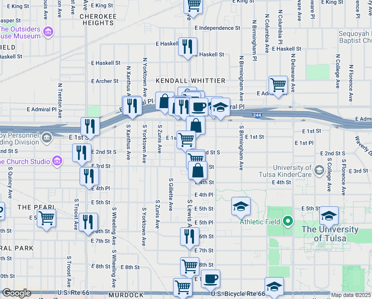 map of restaurants, bars, coffee shops, grocery stores, and more near 201 South Lewis Avenue in Tulsa