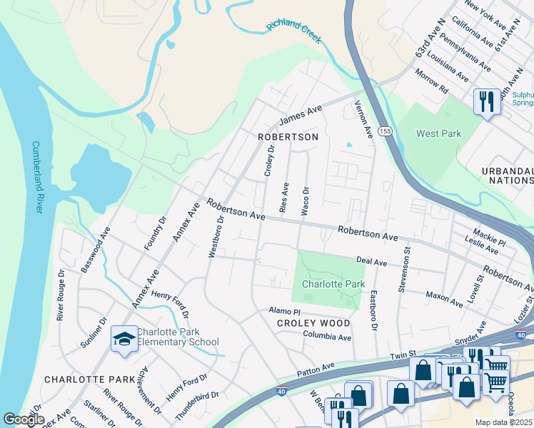 map of restaurants, bars, coffee shops, grocery stores, and more near 6225 Robertson Avenue in Nashville