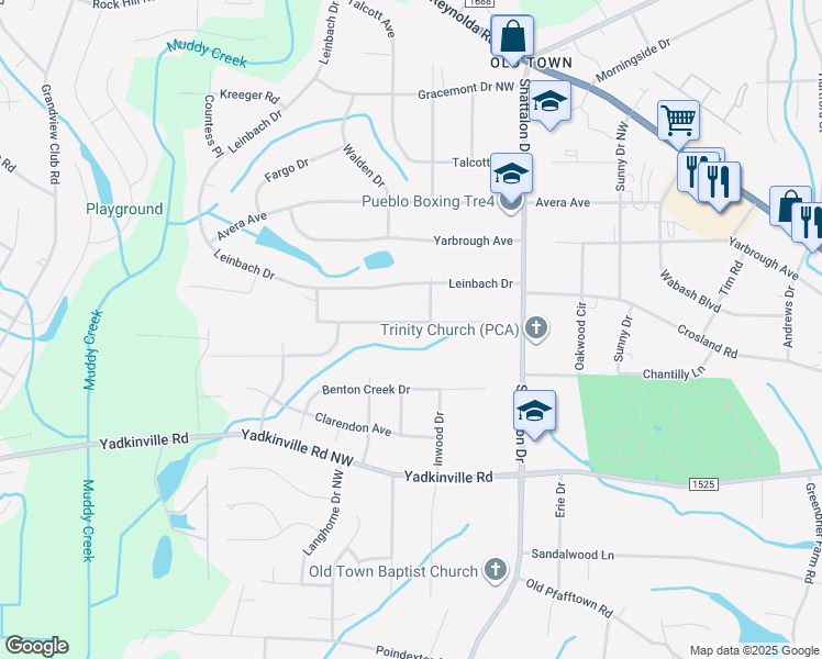 map of restaurants, bars, coffee shops, grocery stores, and more near 3916 Velinda Drive in Winston-Salem