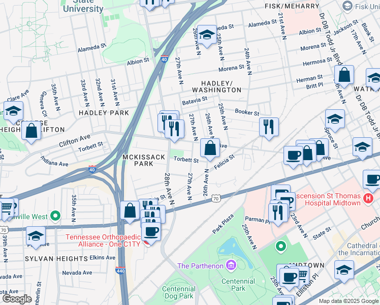 map of restaurants, bars, coffee shops, grocery stores, and more near 2702 Torbett Street in Nashville