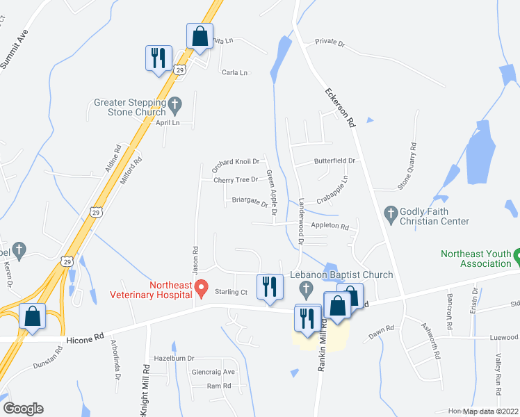 map of restaurants, bars, coffee shops, grocery stores, and more near 3994 Briargate Drive in Greensboro