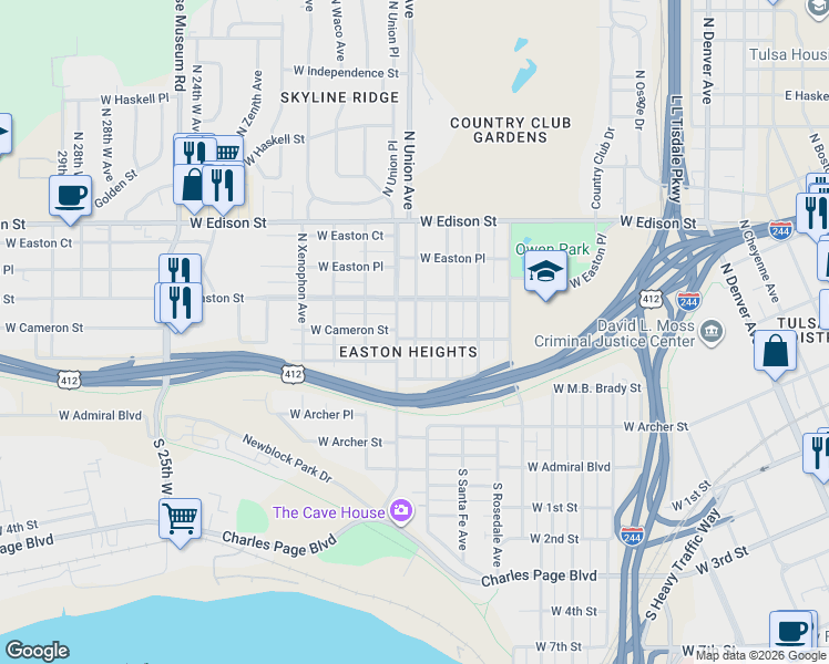 map of restaurants, bars, coffee shops, grocery stores, and more near 231 North Tacoma Avenue in Tulsa