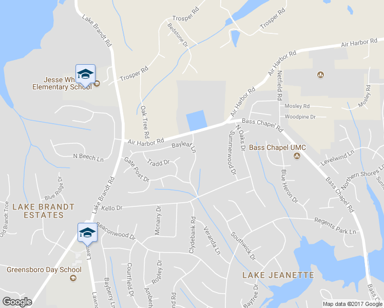 map of restaurants, bars, coffee shops, grocery stores, and more near 5804 Bayleaf Lane in Greensboro