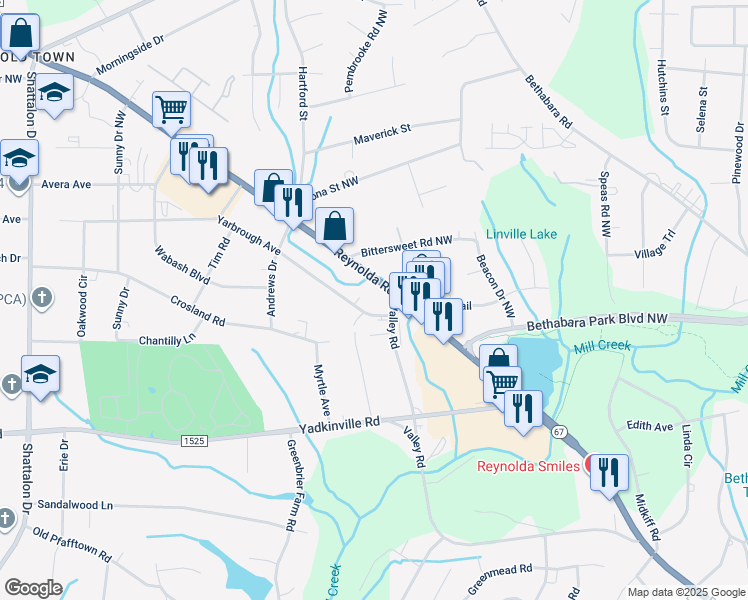 map of restaurants, bars, coffee shops, grocery stores, and more near 3505 Yarbrough Avenue in Winston-Salem