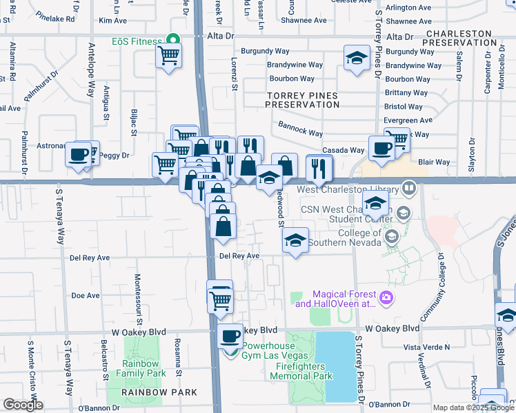 map of restaurants, bars, coffee shops, grocery stores, and more near 6723 West Charleston Boulevard in Las Vegas