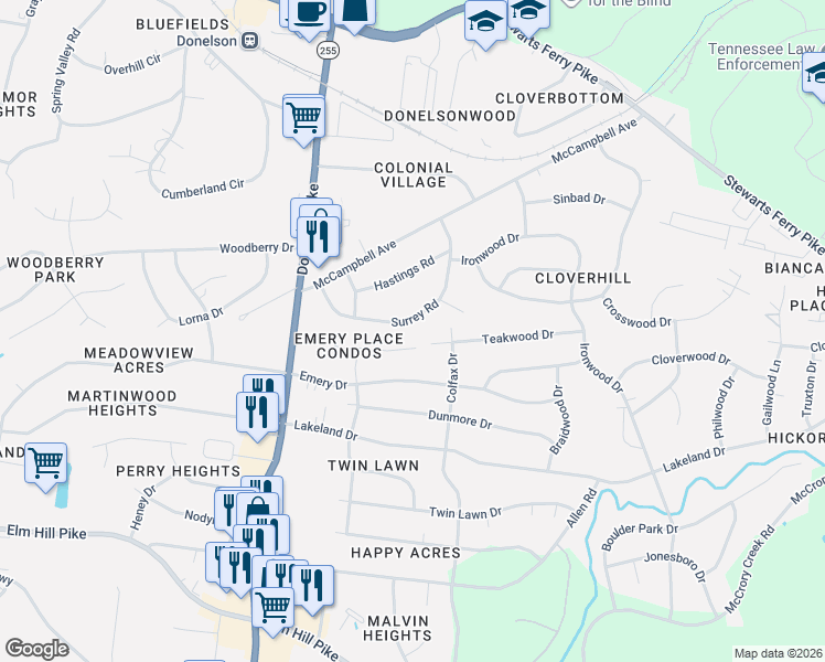 map of restaurants, bars, coffee shops, grocery stores, and more near 2846 Teakwood Drive in Nashville
