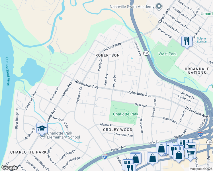map of restaurants, bars, coffee shops, grocery stores, and more near 6225 Robertson Avenue in Nashville