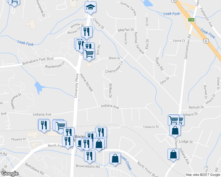 map of restaurants, bars, coffee shops, grocery stores, and more near Wilkes Drive in Winston-Salem
