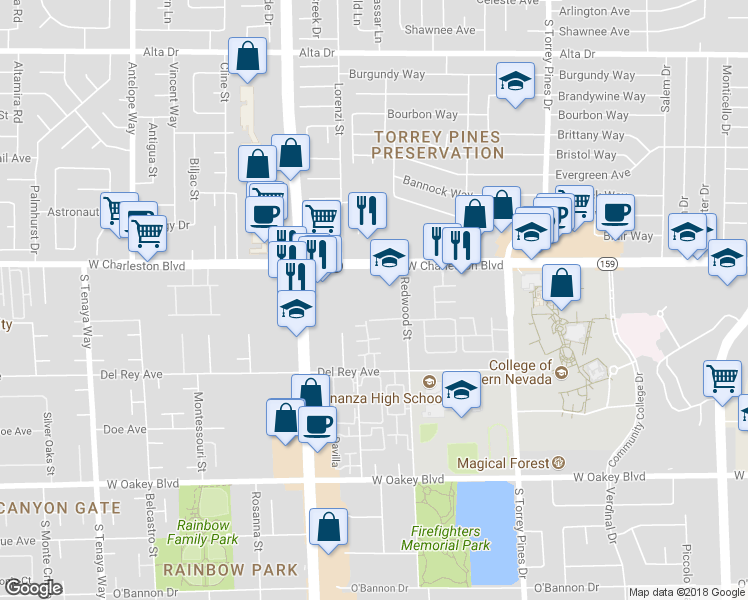 map of restaurants, bars, coffee shops, grocery stores, and more near 6723 West Charleston Boulevard in Las Vegas